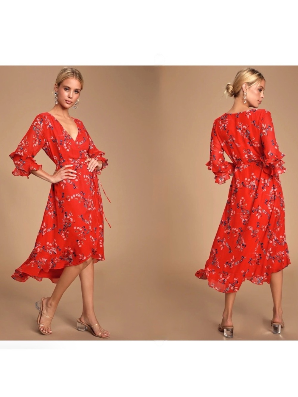 NWOT Lulus Have Merci Red Floral Print Ruffled Wrap Dress M